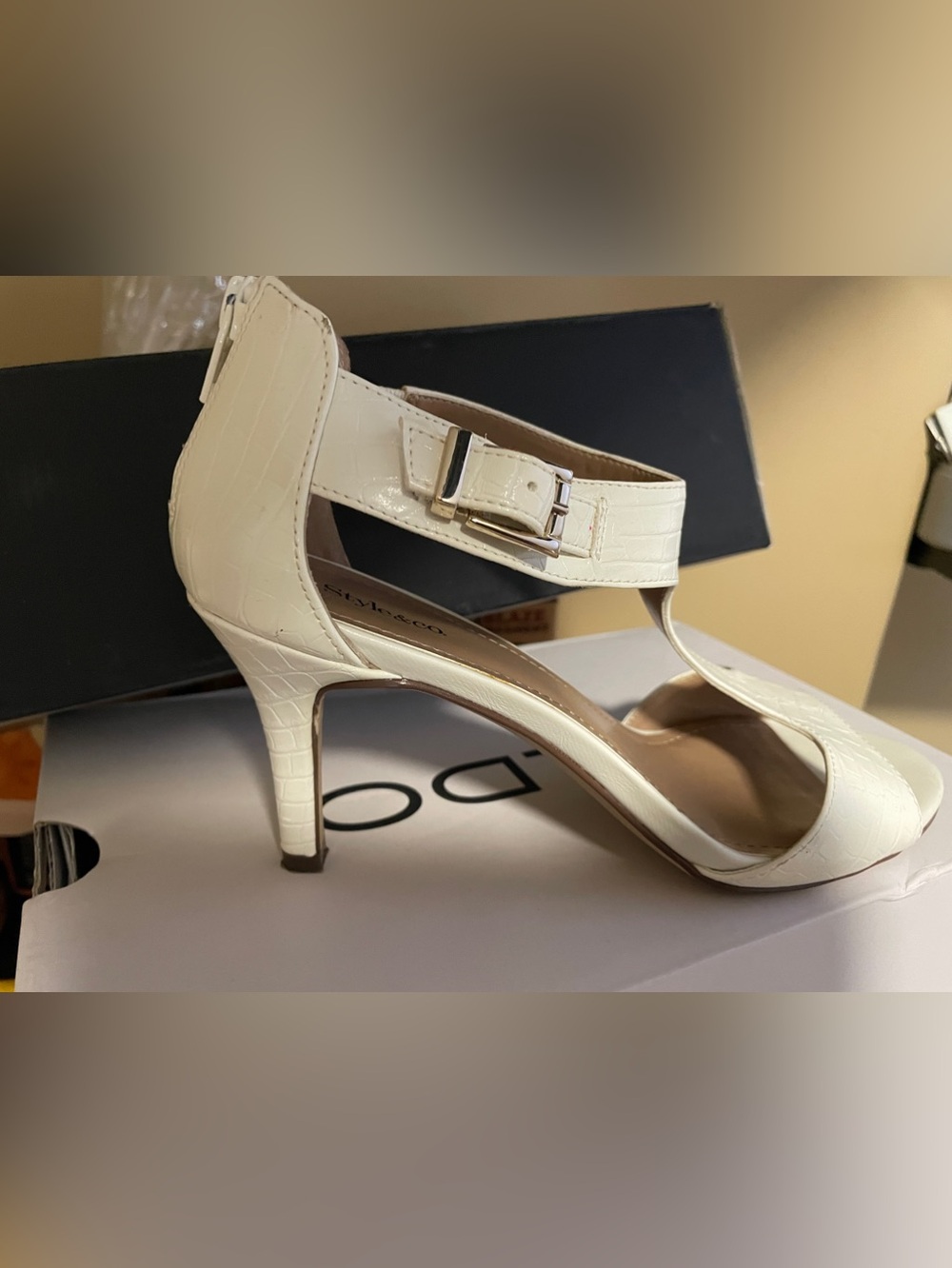 Style & Co. Cream Croc-Texture Ankle-Strap Pointed Heels